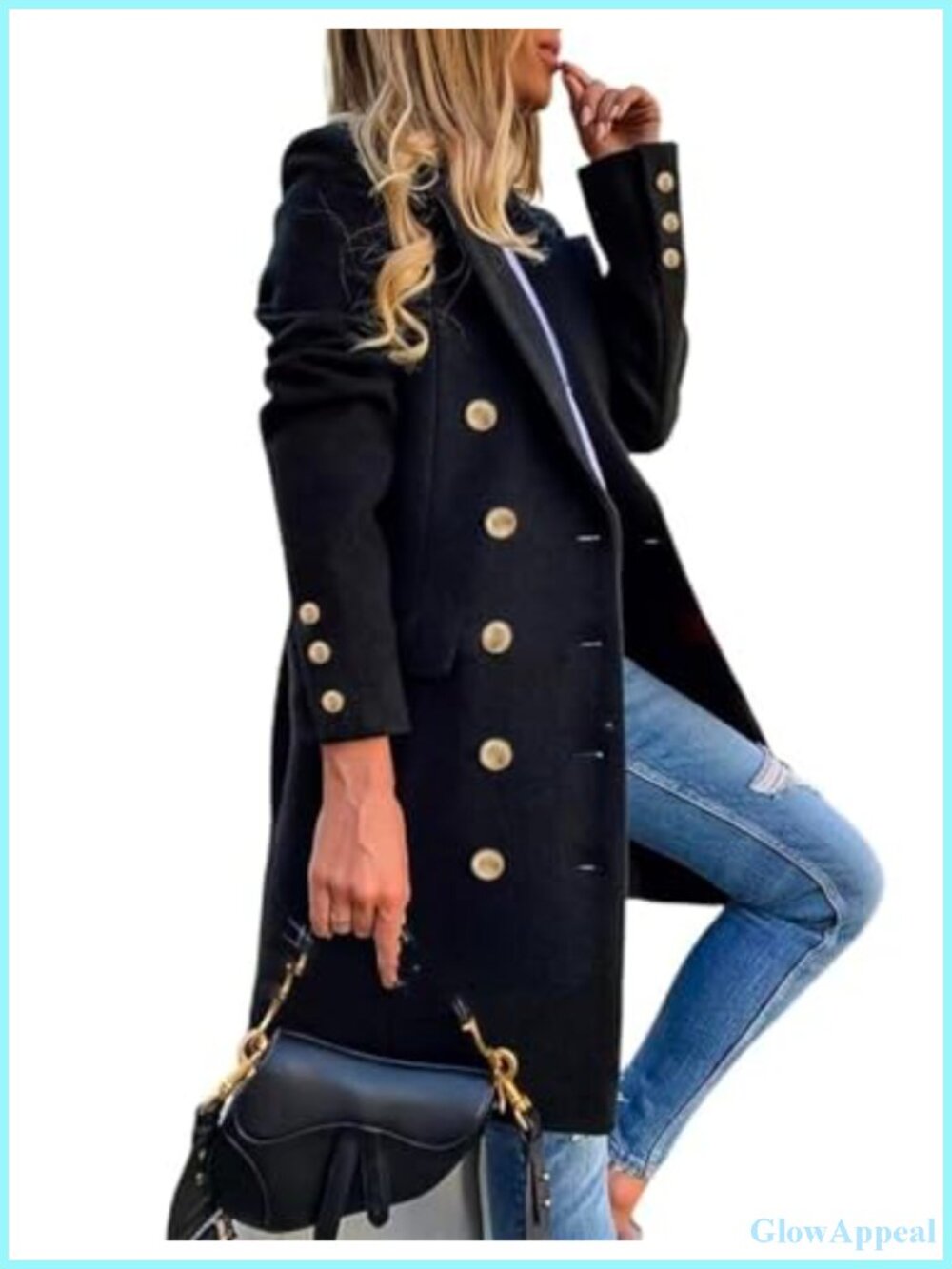 Womens Wool Peacoat Double Breasted Trench Coat Long Sleeve Slim Fit